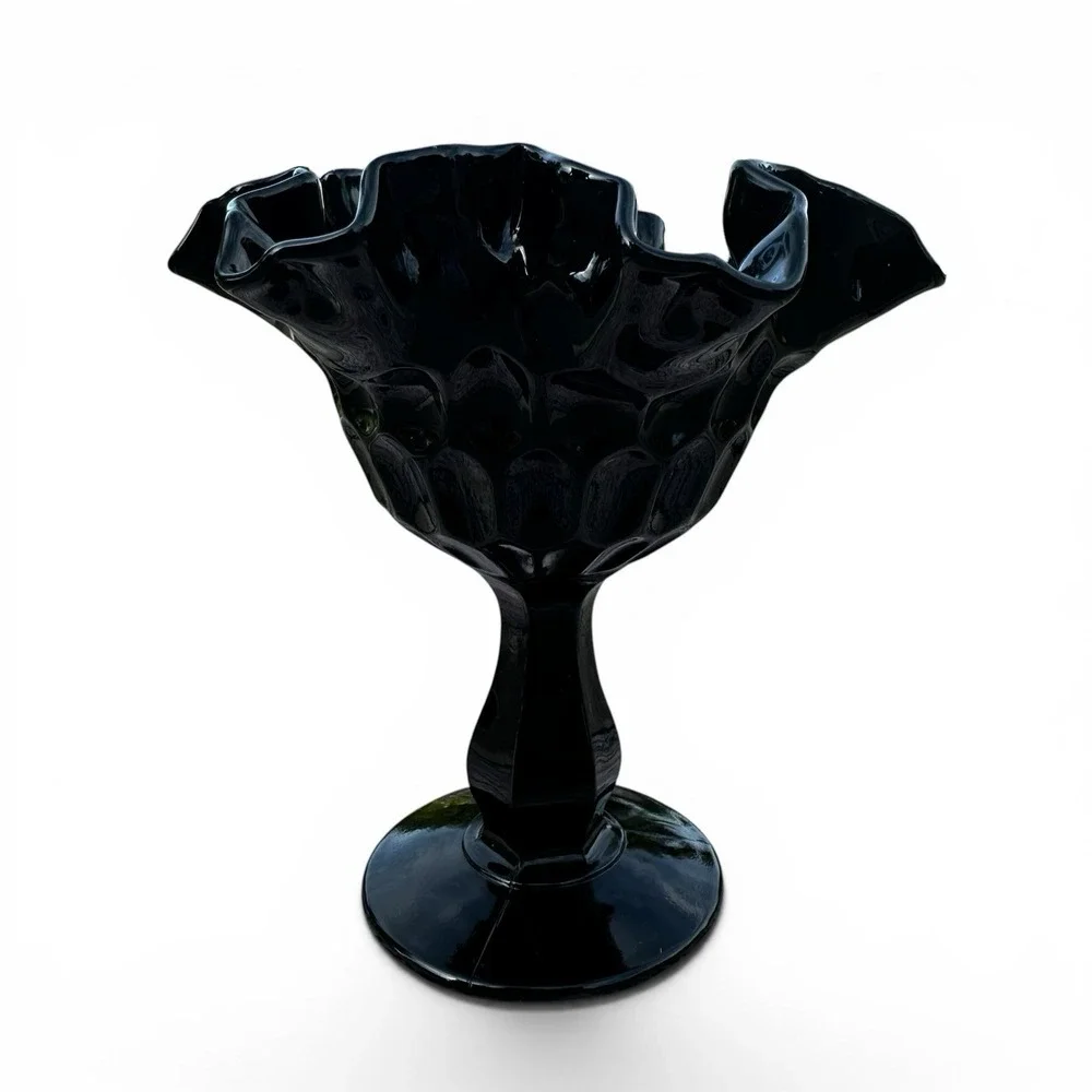 Vintage Fenton Black Glass Thumbprint Ruffle Bowl 6